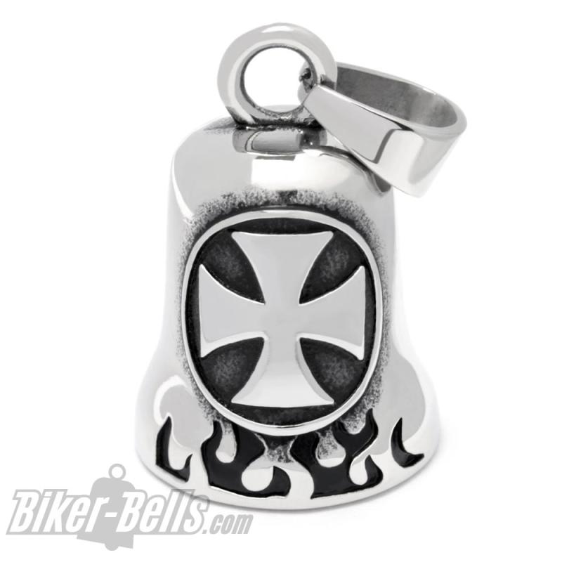 Edelstahl Biker-Bell mit großem Eisernen Kreuz und Flammen Motorrad Glocke Geschenk